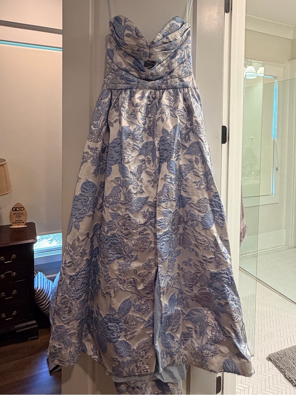 Strapless Blue Floral Prom Dress with Sweetheart Bodice
